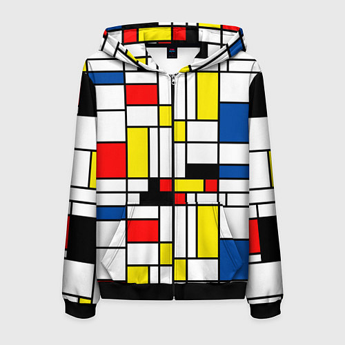 Мужская толстовка на молнии Геометрия цветных прямоугольников Пит Мондриан / 3D-Черный – фото 1
