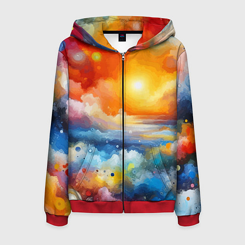 Мужская толстовка на молнии Закат солнца - разноцветные облака / 3D-Красный – фото 1