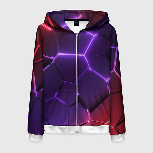 Мужская толстовка на молнии Красно-фиолетовые неоновые плиты в разломе / 3D-Белый – фото 1