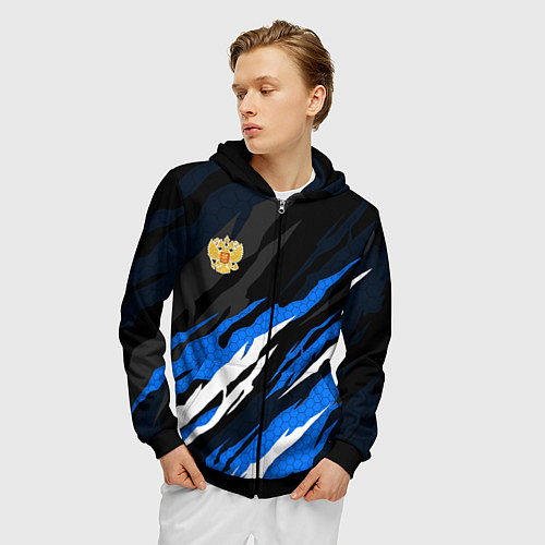 Мужская толстовка на молнии Герб России - blue sport / 3D-Черный – фото 3