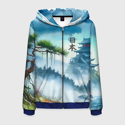 Мужская толстовка на молнии Японский пейзаж - акварель живопись / 3D-Синий – фото 1