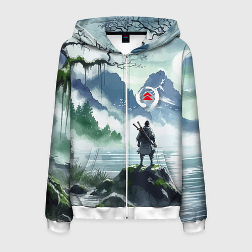 Мужская толстовка на молнии Самурай на берегу горного озера - нейросеть / 3D-Белый – фото 1