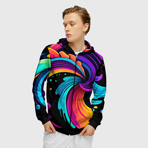 Мужская толстовка на молнии Яркая красочная абстракция - нейроарт / 3D-Черный – фото 3