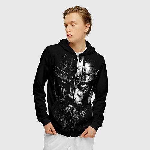 Мужская толстовка на молнии Суровый викинг в железном шлеме / 3D-Черный – фото 3