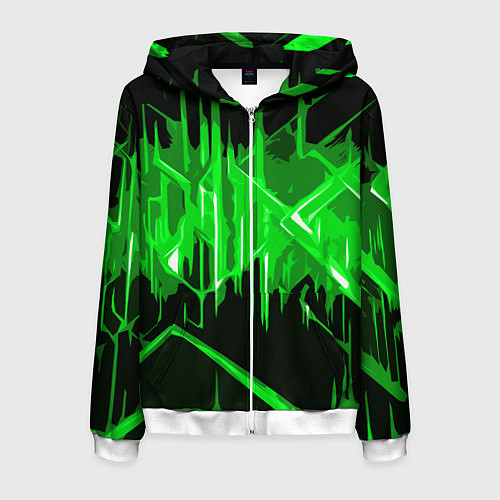 Мужская толстовка на молнии Зелёная агрессивная абстракция на чёрном фоне / 3D-Белый – фото 1