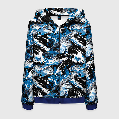 Мужская толстовка на молнии Выдры в речке на волнах - паттерн / 3D-Синий – фото 1
