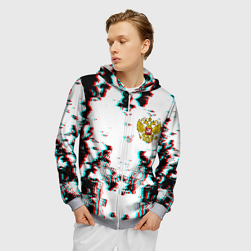 Мужская толстовка на молнии Герб РФ глитч краски / 3D-Меланж – фото 3