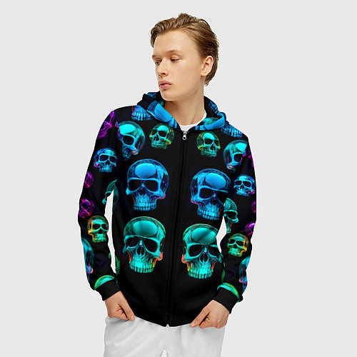 Мужская толстовка на молнии Neon skulls - ai art pattern / 3D-Черный – фото 3