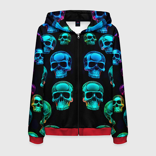 Мужская толстовка на молнии Neon skulls - ai art pattern / 3D-Красный – фото 1