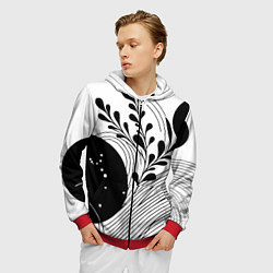 Толстовка 3D на молнии мужская Растительная абстракция black and white, цвет: 3D-красный — фото 2