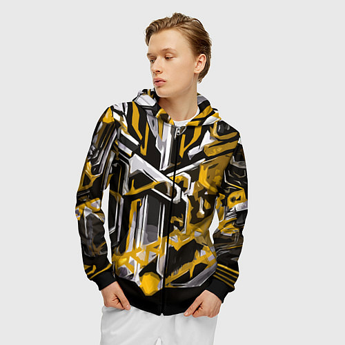 Мужская толстовка на молнии Жёлто-белая агрессивная абстракция на чёрном фоне / 3D-Черный – фото 3