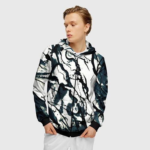 Мужская толстовка на молнии Абстрактная текстура мрамор белый с тёмно-синим / 3D-Черный – фото 3