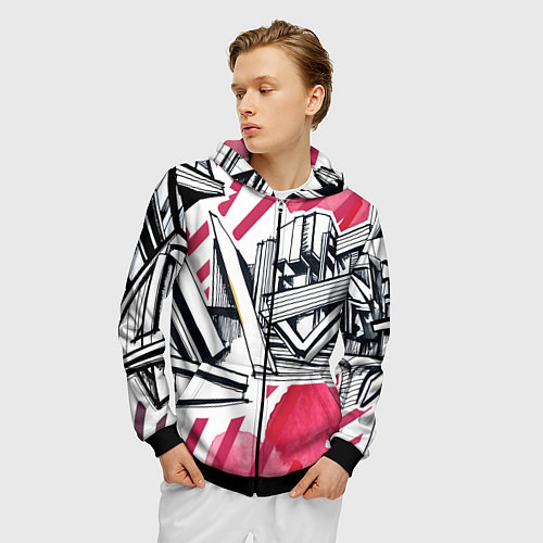 Мужская толстовка на молнии Скетч архитектуры - акварельная абстракция / 3D-Черный – фото 3