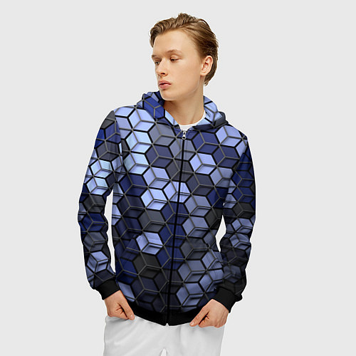 Мужская толстовка на молнии Серо синие соты / 3D-Черный – фото 3