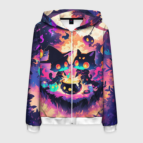 Мужская толстовка на молнии 2 котика ведьмы / 3D-Белый – фото 1