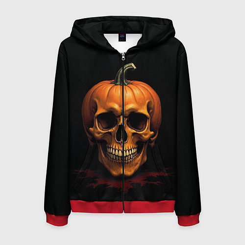 Мужская толстовка на молнии Череп-тыква для Хэллоуина / 3D-Красный – фото 1