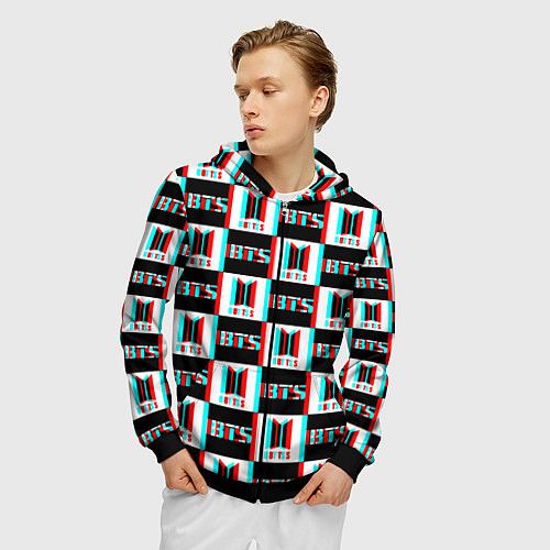 Мужская толстовка на молнии BTS glitch pattern / 3D-Черный – фото 3