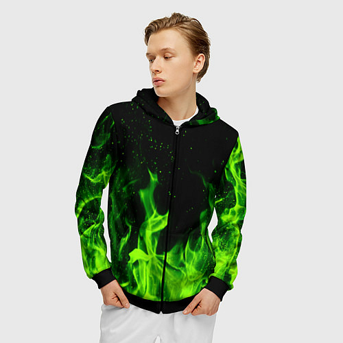 Мужская толстовка на молнии Огонь зелёный текстура / 3D-Черный – фото 3