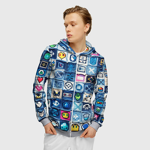 Мужская толстовка на молнии Пиксельный пэчворк / 3D-Меланж – фото 3