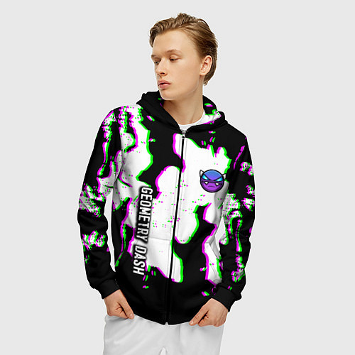 Мужская толстовка на молнии Geometry dash glitch flame / 3D-Черный – фото 3