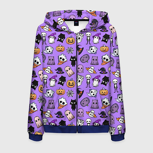 Мужская толстовка на молнии Кавайный хэллоуин - призраки и черепа на сиреневом / 3D-Синий – фото 1