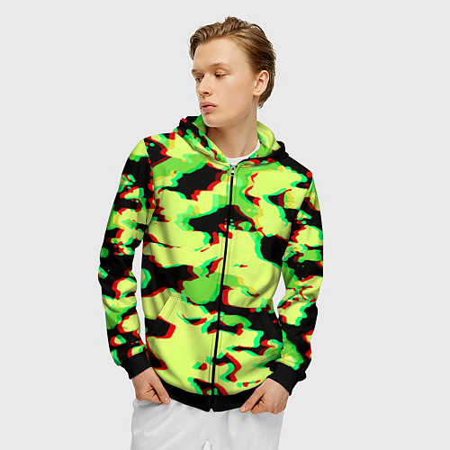 Мужская толстовка на молнии Камуфляж зелёный глитч / 3D-Черный – фото 3