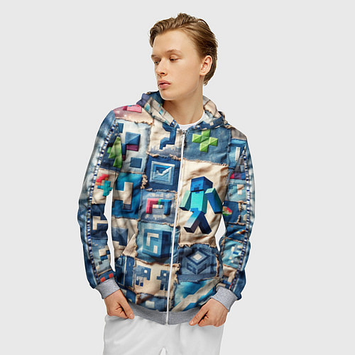 Мужская толстовка на молнии Minecraft шагает на пэчворк / 3D-Меланж – фото 3