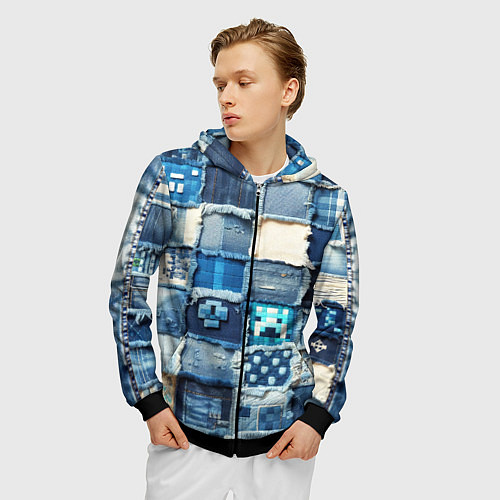 Мужская толстовка на молнии Minecraft на пэчворк дениме / 3D-Черный – фото 3