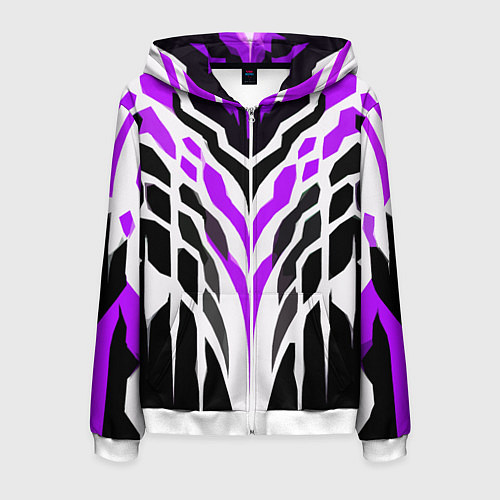 Мужская толстовка на молнии Агрессивные фиолетово-белые полосы на чёрном фоне / 3D-Белый – фото 1