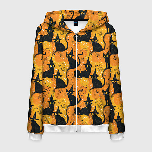 Мужская толстовка на молнии Кошки в шляпах - паттерн / 3D-Белый – фото 1