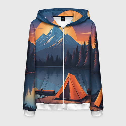 Мужская толстовка на молнии Палатка на берегу озера / 3D-Белый – фото 1