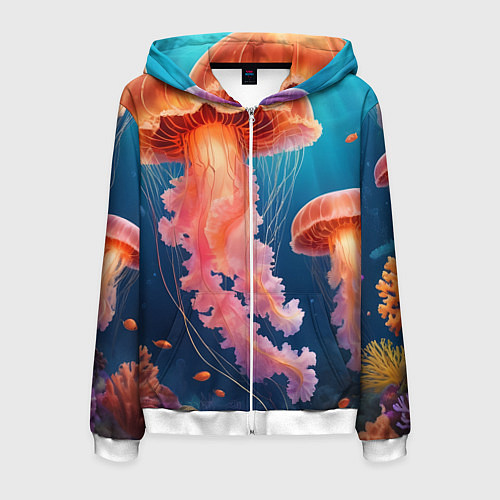 Мужская толстовка на молнии Подводный мир медузы / 3D-Белый – фото 1