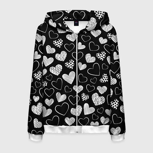Мужская толстовка на молнии Белые сердечки на черном фоне / 3D-Белый – фото 1