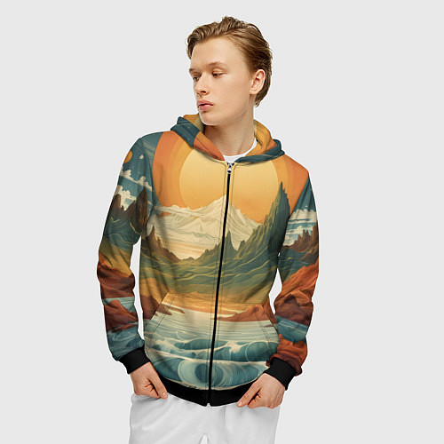 Мужская толстовка на молнии В теплых горах на закате / 3D-Черный – фото 3