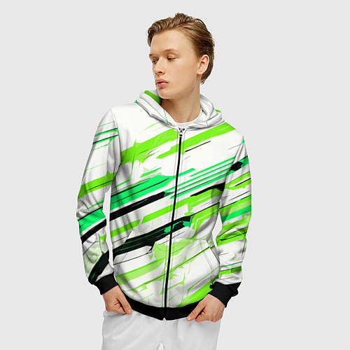Мужская толстовка на молнии Чёрно-зелёно-салатовые полосы на белом фоне / 3D-Черный – фото 3