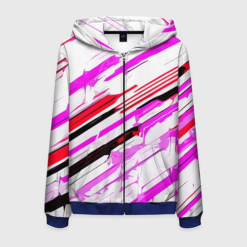 Мужская толстовка на молнии Красно-розово-чёрные полосы на белом фоне / 3D-Синий – фото 1