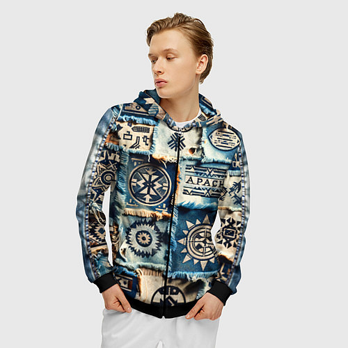 Мужская толстовка на молнии Символы Апачи на пэчворк дениме / 3D-Черный – фото 3