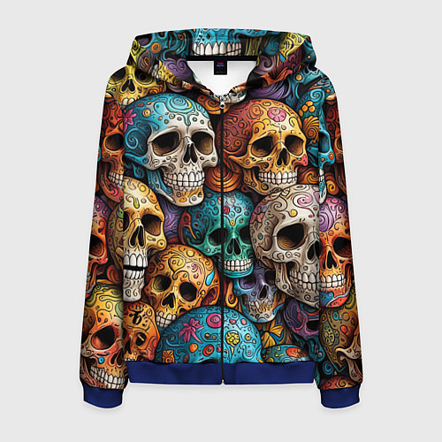 Мужская толстовка на молнии Разноцветные черепа, паттерн / 3D-Синий – фото 1