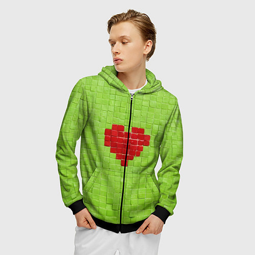 Мужская толстовка на молнии Мелкая салатовая плитка сердце / 3D-Черный – фото 3
