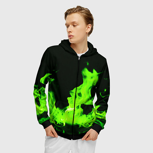 Мужская толстовка на молнии Кислотный зелёный огонь / 3D-Черный – фото 3