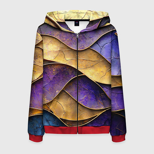 Мужская толстовка на молнии Фиолетовые и золотые волны / 3D-Красный – фото 1