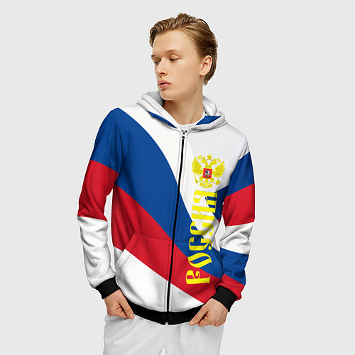 Мужская толстовка на молнии Флаг России, паттерн / 3D-Черный – фото 3