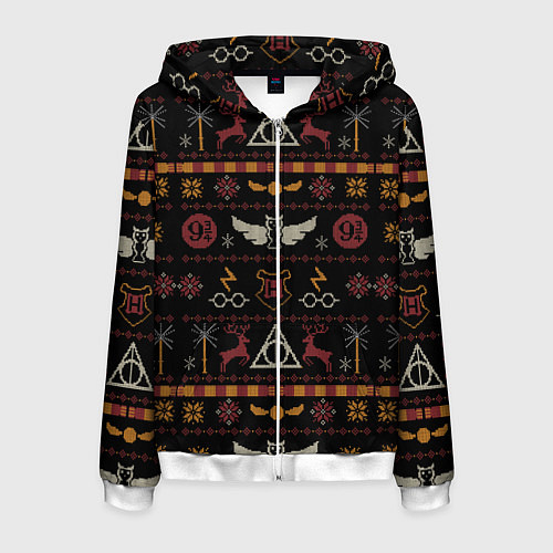 Мужская толстовка на молнии Новогодний паттерн - Гарри Поттер / 3D-Белый – фото 1