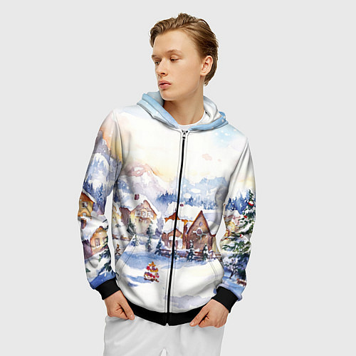 Мужская толстовка на молнии Новогодний снежный город / 3D-Черный – фото 3