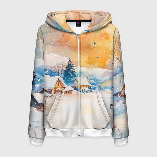 Мужская толстовка на молнии Деревенский новогодний пейзаж / 3D-Белый – фото 1