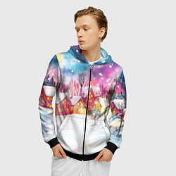 Толстовка 3D на молнии мужская Новогодний ночной дворик, цвет: 3D-черный — фото 2