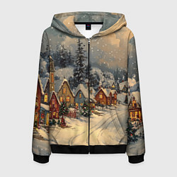 Толстовка 3D на молнии мужская Новогодние зимние домики, цвет: 3D-черный