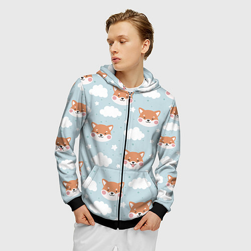 Мужская толстовка на молнии Узор сибу ину и облака / 3D-Черный – фото 3