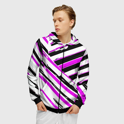 Мужская толстовка на молнии Розово-чёрные полосы на белом фоне / 3D-Черный – фото 3