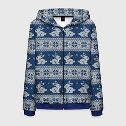 Толстовка 3D на молнии мужская Вязаный зимний узор с милыми зайчатами, цвет: 3D-синий